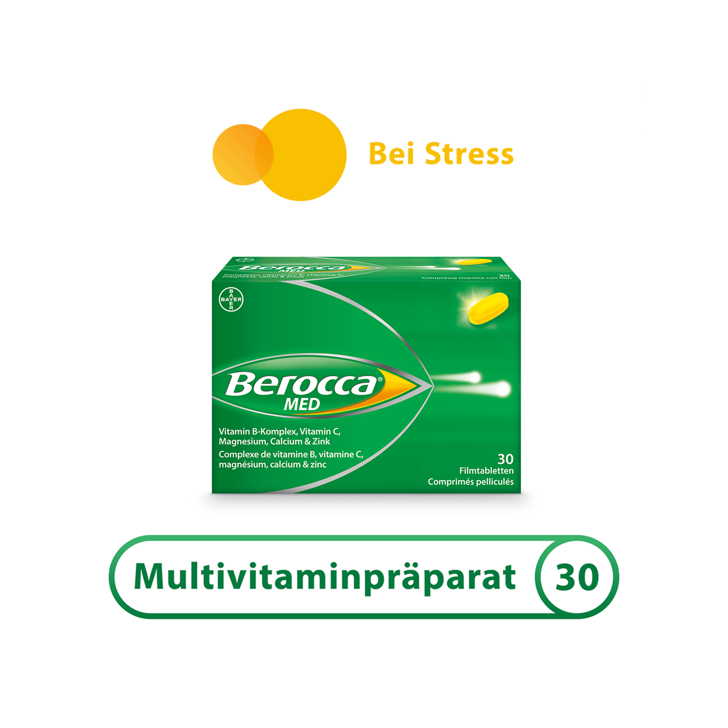 Berocca Packshot mit Titel: Bei Stress; Multivitaminpräparat 30