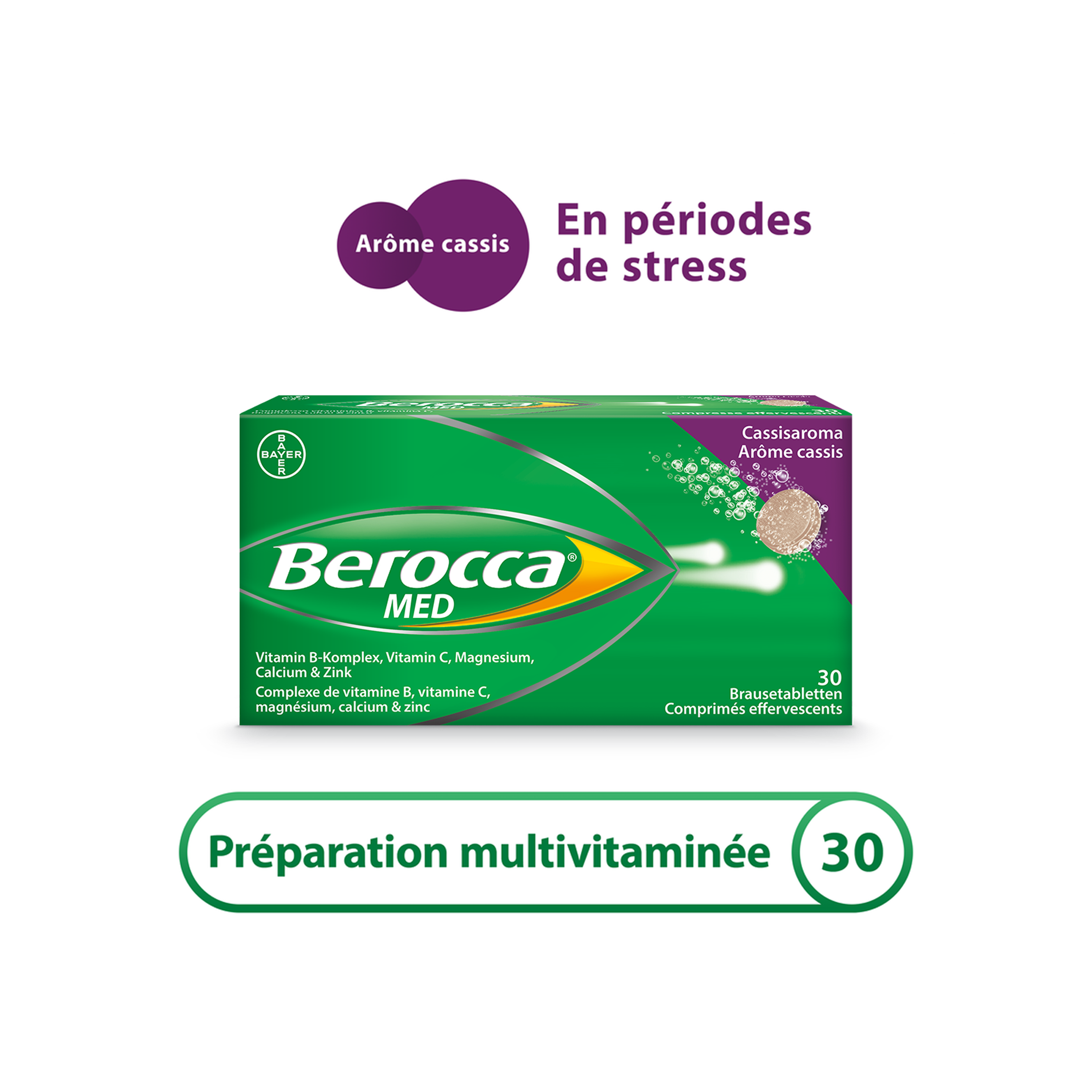 Emballage Berocca Cassis. Titre: En periodes de stress; Preparation multivitaminee 30
