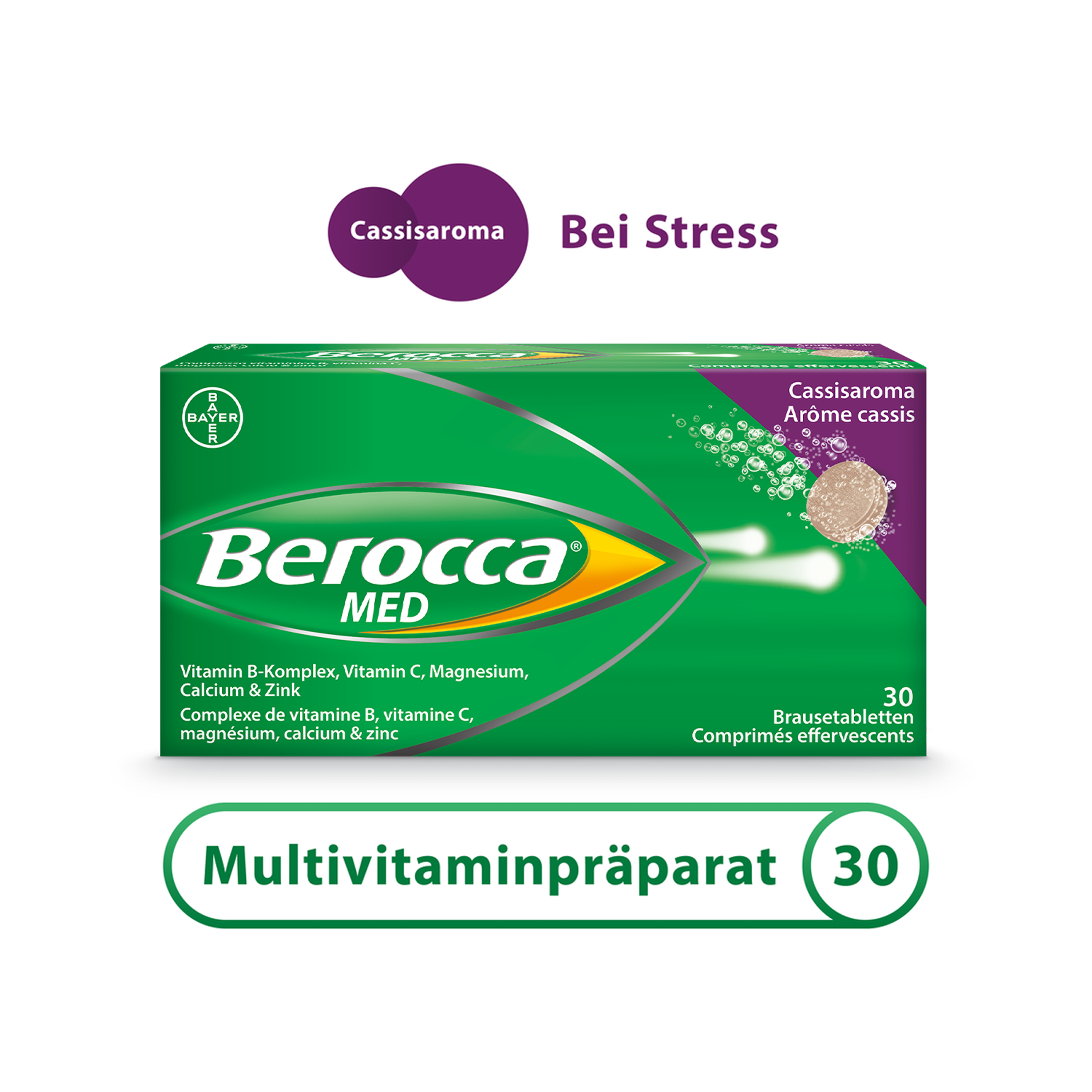 Berocca Verpackung mit Cassisaroma in grün mit lila Akzenten. Cassisaroma bei Stress. Multivitaminpräparat 30.