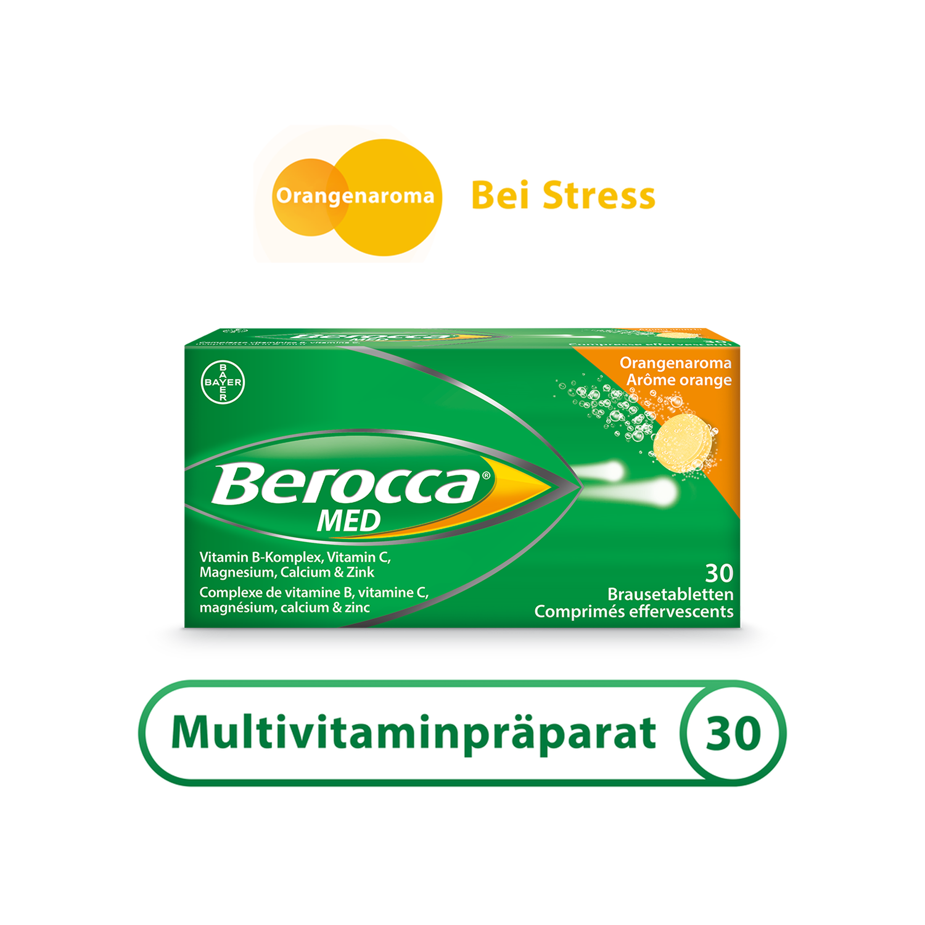 Berocca Brausetabletten Packshot. Titel: Bei Stress. Multivitaminpräperat 30