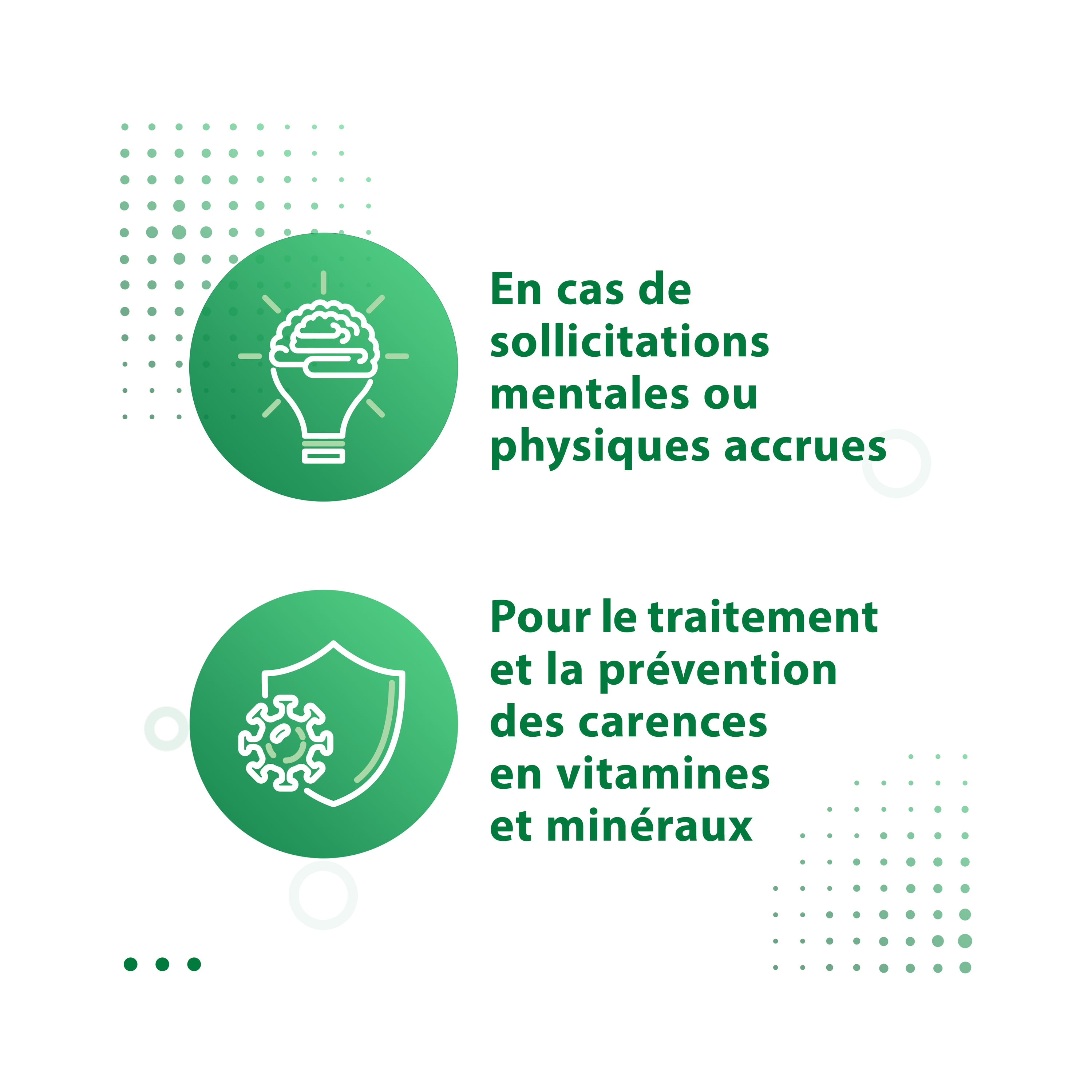 En cas de sollicitations mentales ou physiques accrues. Pour le traitment et la prevention des carences en vitamines et mineraux