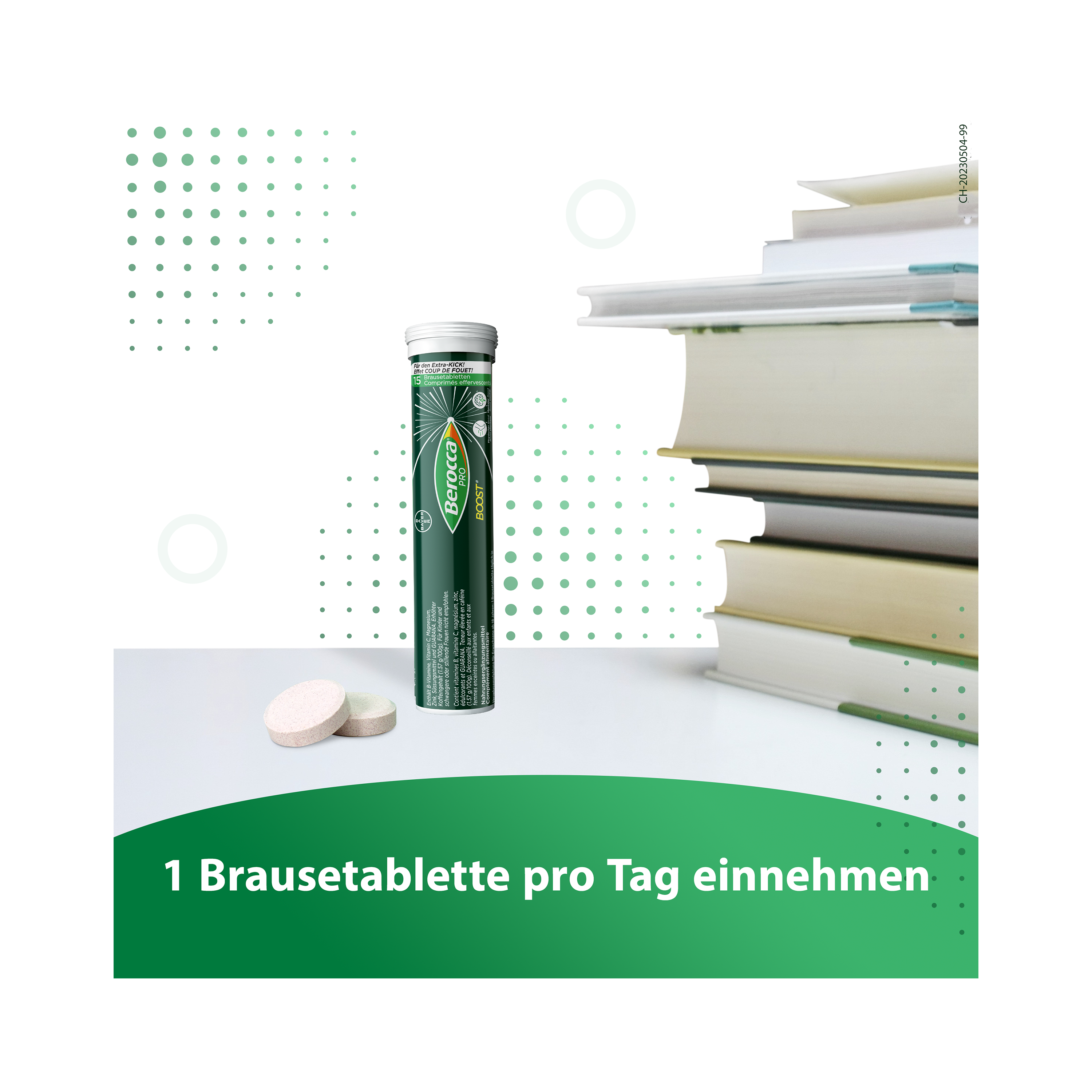 Berocca PRO Boost Verpackung mit zwei Brausetabletten daneben und Bücher. Titel: 1 Brausetablette pro Tag einnehmen