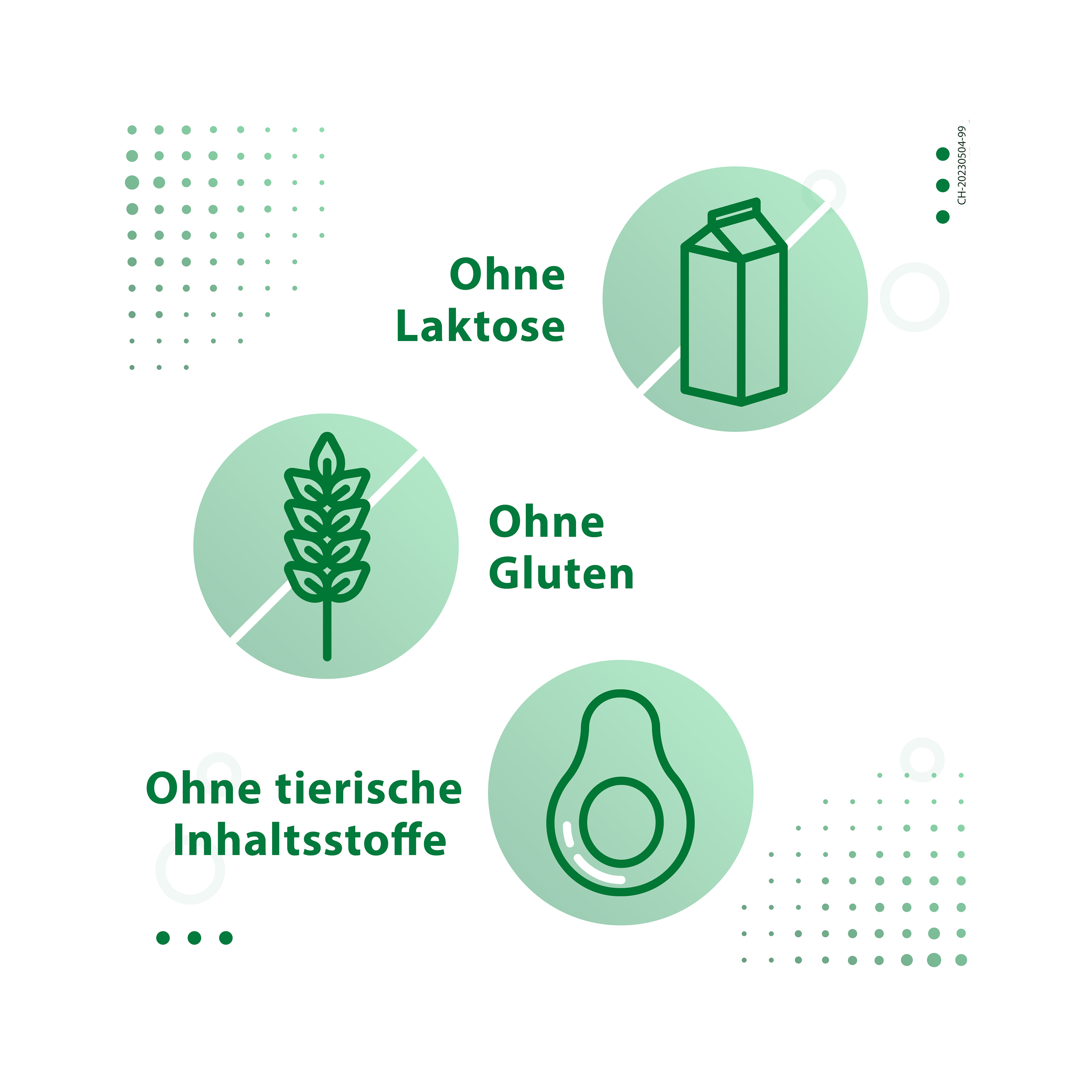 3 grüne Piktogramme. Durchgestrichene Milchverpackung mit Titel: Ohne Laktose. Durchgestrichenes Getreide mit Titel: Ohne Gluten. Avocado mit Titel: Ohne tierische Inhaltsstoffe